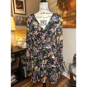 Free People Dress M Closer To The Heart Tiered‎ Floral Black Low Cut Boho Fairy